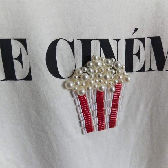 🪇2for$15 Ptp17" Zara Cotton White long sleeve 'Le Cinéma' Graphic Tee Xs - Picture 5 of 11